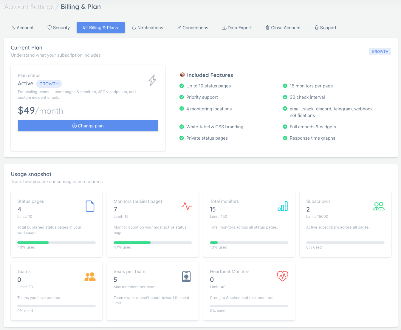 Billing and plans page